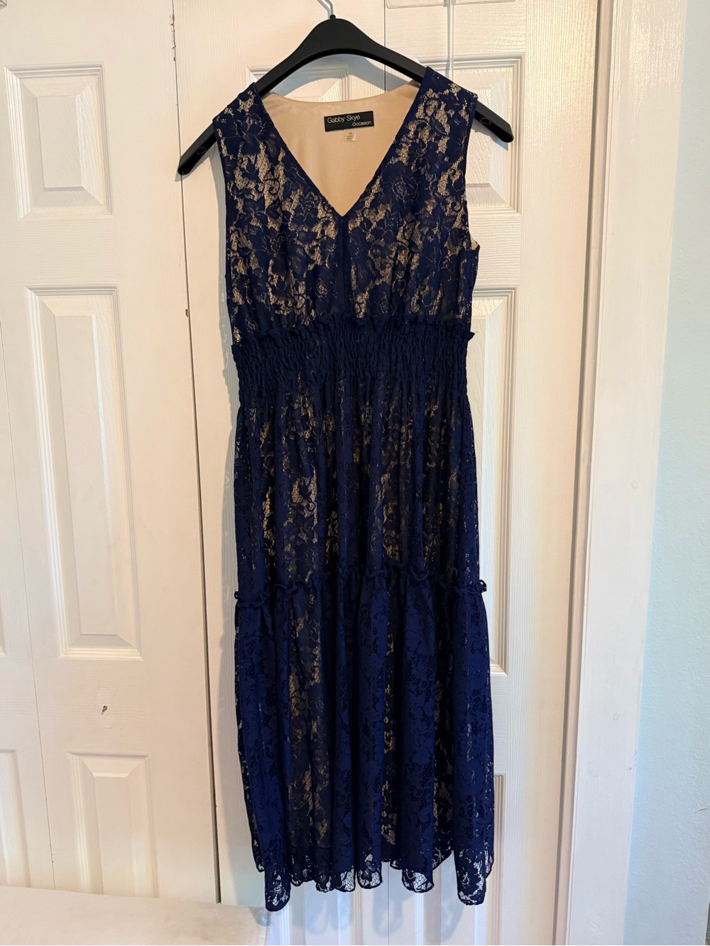 Gabby Skye Navy Lace V-Neck Smocked Waist Midi Dress